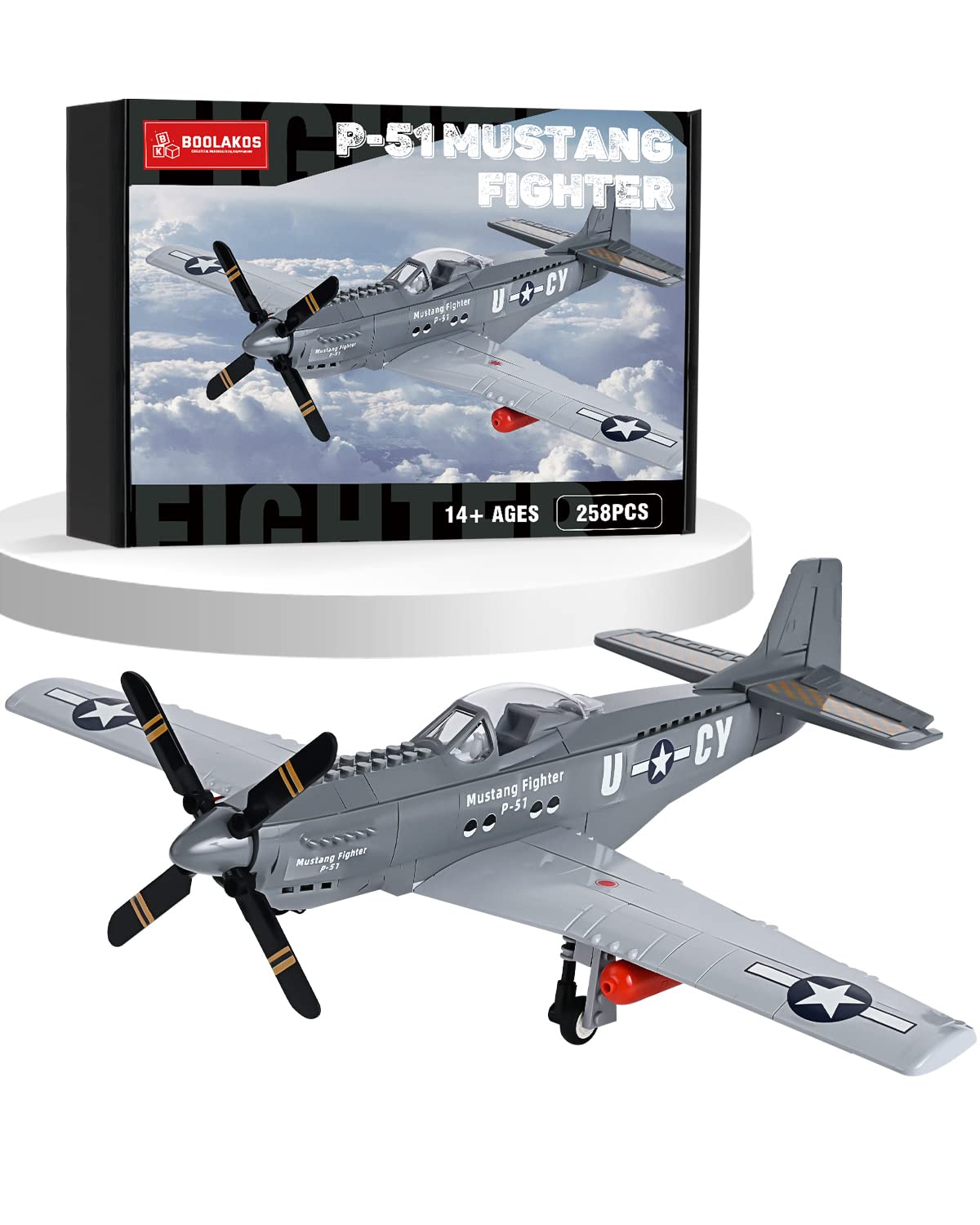 BOOLAKOS P-51 Mustang Fighter Bomber Building Blocks Sets, Military WW2 Airplane Building Toy, Collectible WW2 Army Model for Children Adults (258PCS)