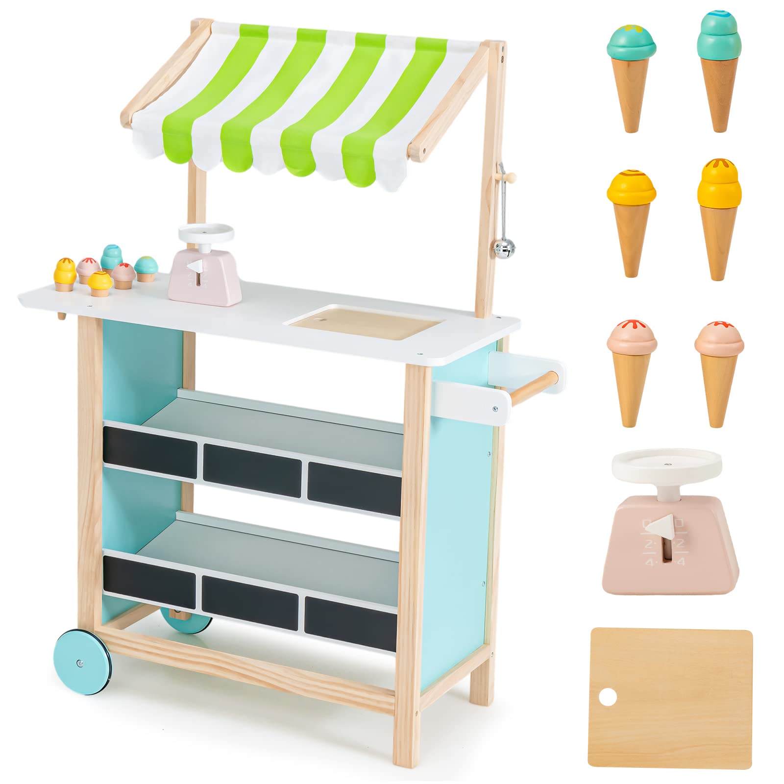 INFANS Wooden Grocery Store Marketplace Toy, Supermarket Pretend Play, Extra Storage 6 Ice Creams Scales Bells Chalkboards, Fun Indoor Farmer's Market Stand Set Gift for Ages 3+