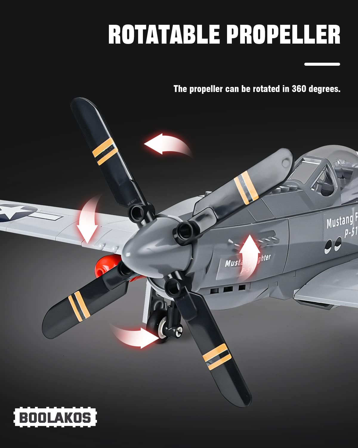 BOOLAKOS P-51 Mustang Fighter Bomber Building Blocks Sets, Military WW2 Airplane Building Toy, Collectible WW2 Army Model for Children Adults (258PCS)