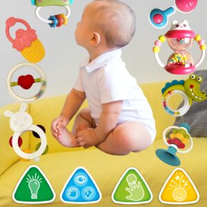 Baby Rattles Toys 10PCS Set, Infant Grab N Shake Teething Toys, Hand Bells and Spin Rattle