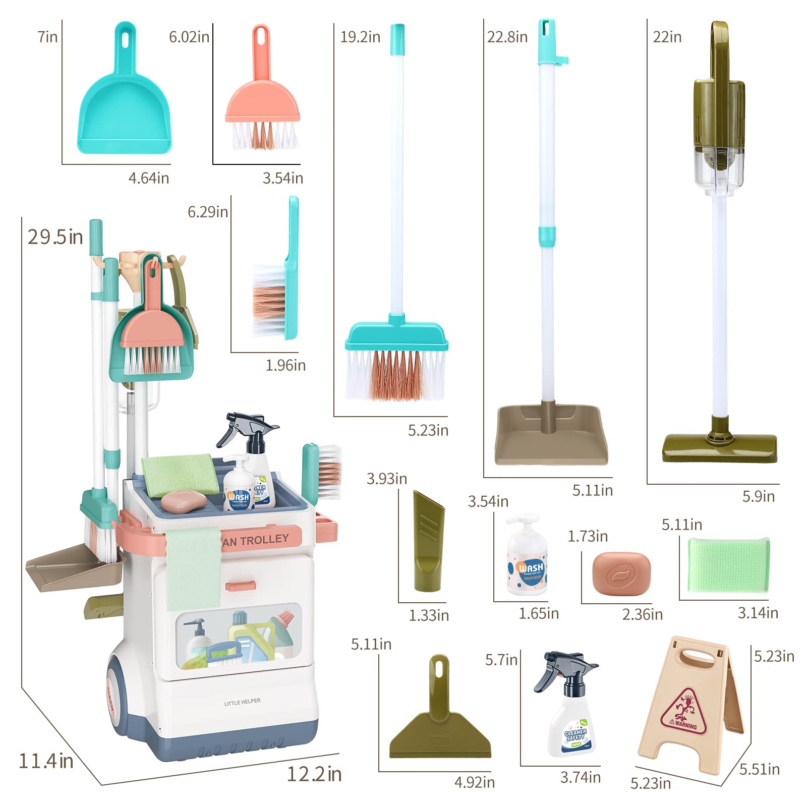 Jovow Kids Cleaning Set for Toddlers, Detachable 20 Pcs Pretend Play Set, Educational Toddler Cleaning Carts Includes Real Working Vacuum Cleaner, Broom, Spray Bottle and More