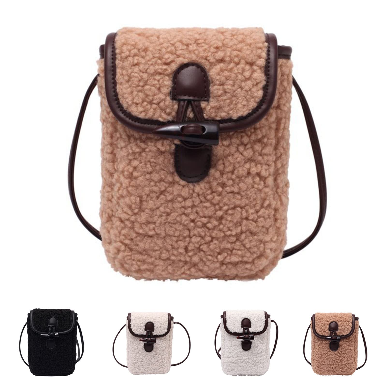 Women's Sherpa Cellphone Crossbody Purse, Teddy Fleece Small Shoulder Bag, Winter Trendy Phone Wallet (Khaki)