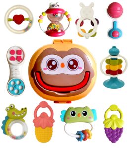 baby rattles toys 10pcs set, infant grab n shake teething toys, hand bells and spin rattle