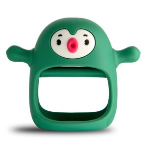 smily mia penguin buddy never drop silicone baby teething toy for 0-6month infants, baby chew toys for teething pain relief, hand teether for 3-6months,gum massager for babies, pine green