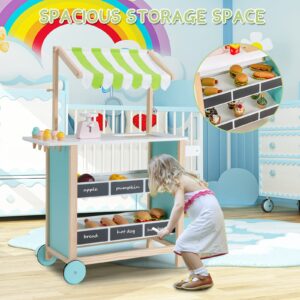 INFANS Wooden Grocery Store Marketplace Toy, Supermarket Pretend Play, Extra Storage 6 Ice Creams Scales Bells Chalkboards, Fun Indoor Farmer's Market Stand Set Gift for Ages 3+