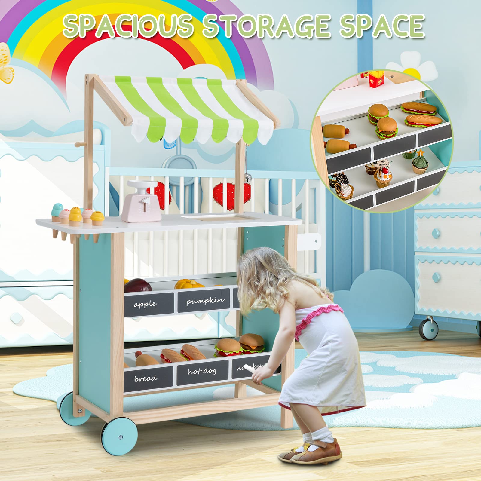 INFANS Wooden Grocery Store Marketplace Toy, Supermarket Pretend Play, Extra Storage 6 Ice Creams Scales Bells Chalkboards, Fun Indoor Farmer's Market Stand Set Gift for Ages 3+