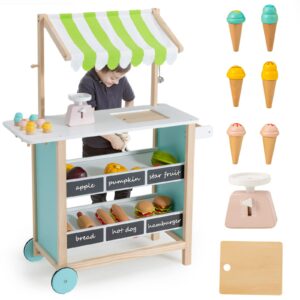 infans wooden grocery store marketplace toy, supermarket pretend play, extra storage 6 ice creams scales bells chalkboards, fun indoor farmer's market stand set gift for ages 3+