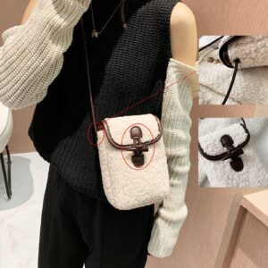 Women's Sherpa Cellphone Crossbody Purse, Teddy Fleece Small Shoulder Bag, Winter Trendy Phone Wallet (Khaki)