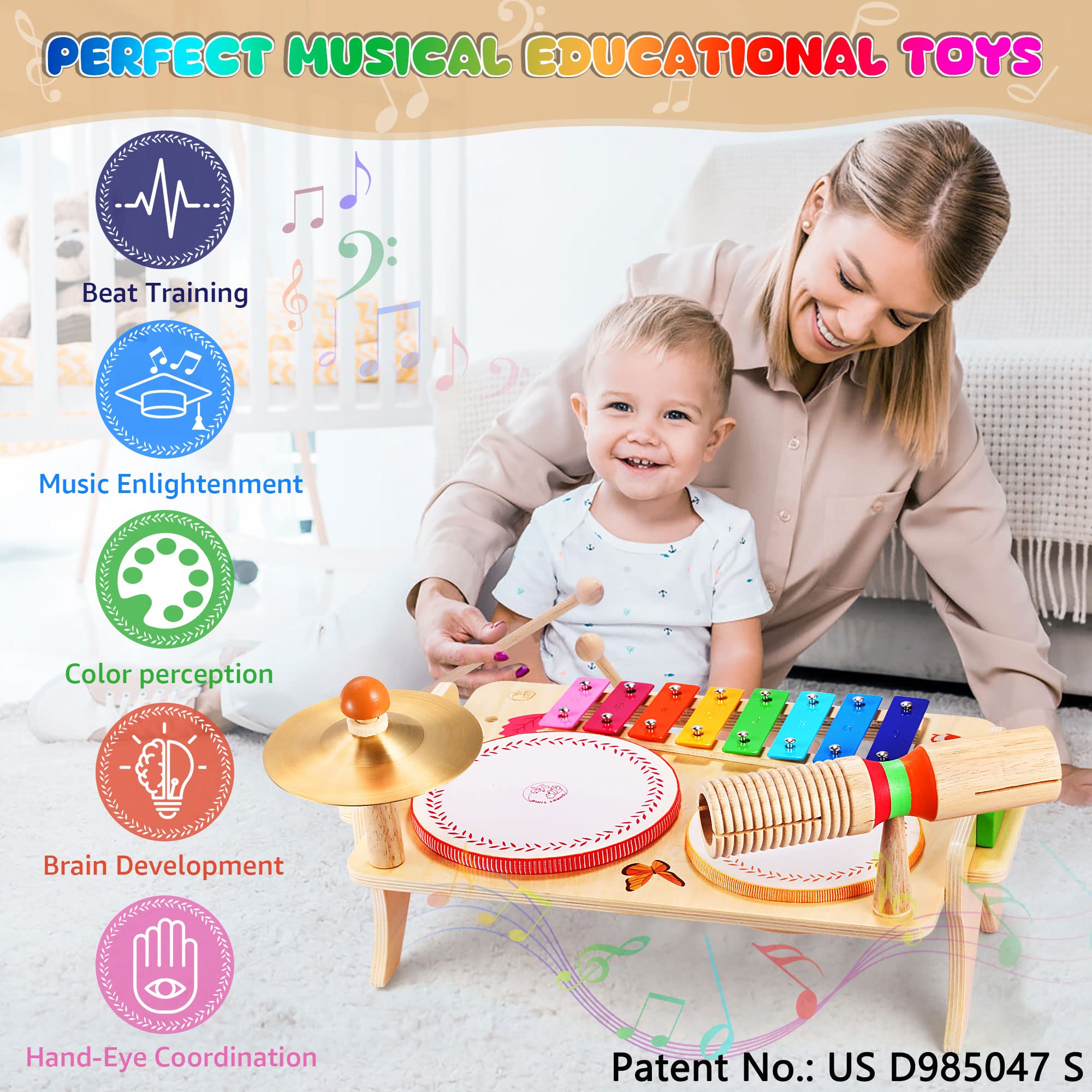 Wingyz Kids Drum Set for Toddlers Baby Music Instruments 7 in 1 Montessori Preschool Musical Toys Children Drum kit Xylophone Tambourine Birthday Gifts for Boys and Girls