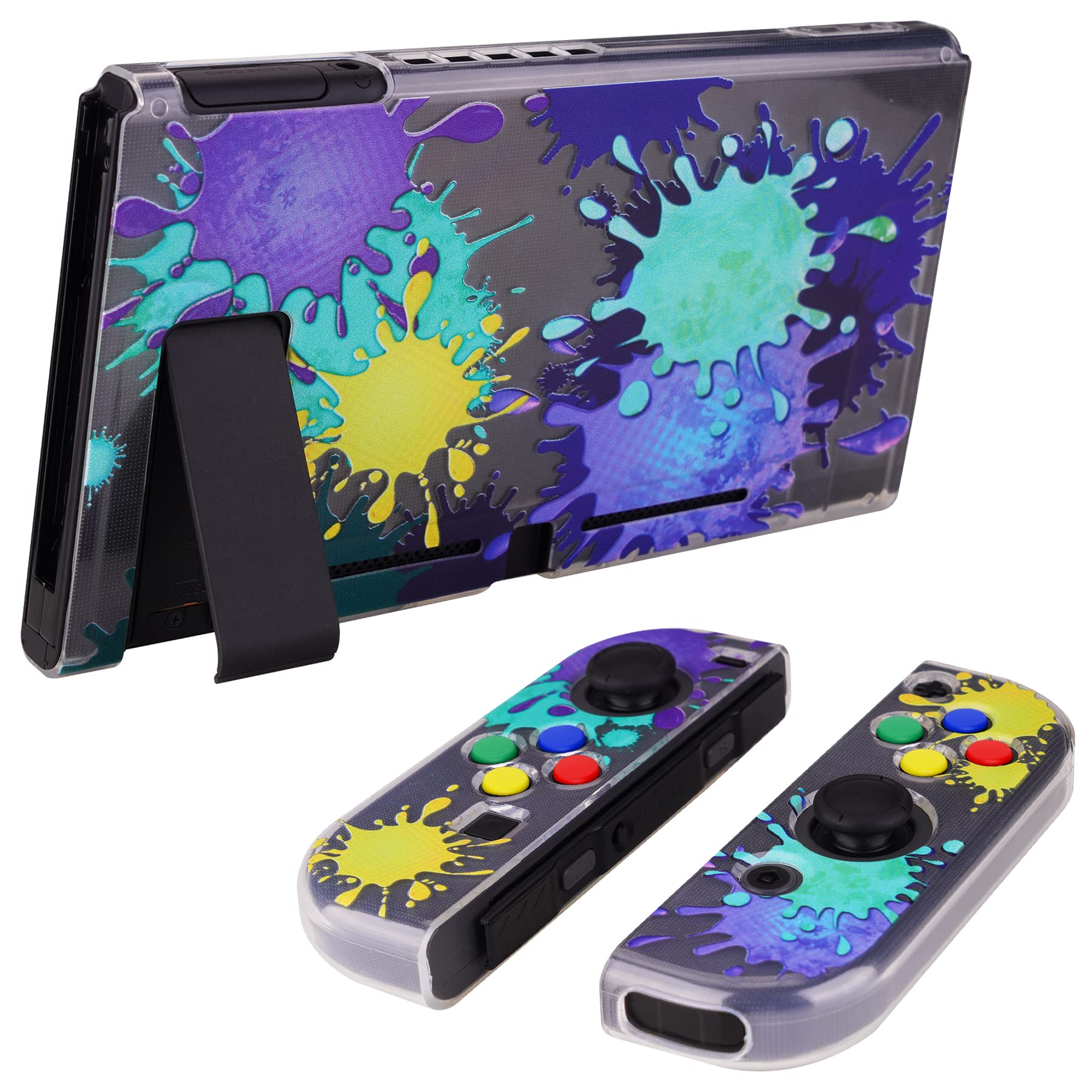 PlayVital Transparent Protective Case for Nintendo Switch, Soft TPU Slim Case Cover for Nintendo Switch Joycon Console with Colorful ABXY Direction Button Caps - Splattering Paint