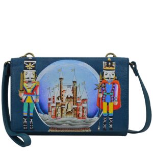 anna by anuschka women's hand-painted genuine leather 4-in-1 organizer crossbody/belt bag/clutch/writlest - nutcracker party