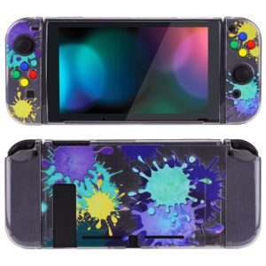 playvital transparent protective case for nintendo switch, soft tpu slim case cover for nintendo switch joycon console with colorful abxy direction button caps - splattering paint