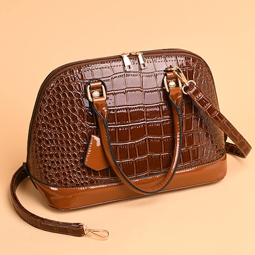 Dayfine Classic Dome Satchel Bags for Women Crocodile Pattern Faux Leather Crossbody Bags Top Handle Handbags Zipper Purse-Brown