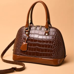 Dayfine Classic Dome Satchel Bags for Women Crocodile Pattern Faux Leather Crossbody Bags Top Handle Handbags Zipper Purse-Brown