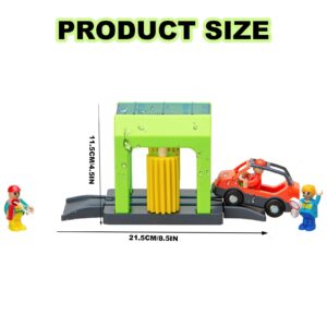 Car Wash Station Playset Toy for Wooden Train Track,Creative City Washer Scenes Pretend Play Toy Vehicles Train Accessory Preschool Learning Educational Toys for Toddlers Kids