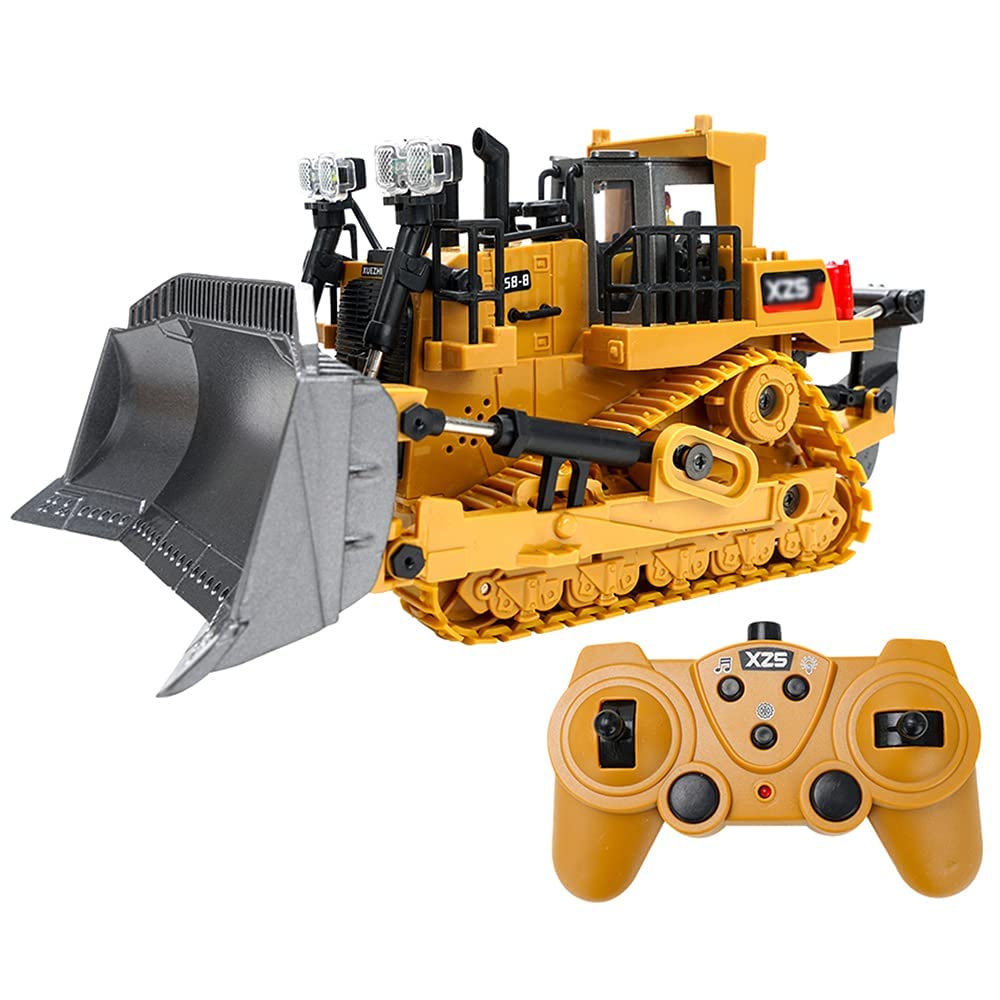 QIYHBVR Remote Control Bulldozer RC 1/24 Full Functional Construction Vehicle, 2.4Ghz 9 Channel Dozer Front Loader Toy with Light and Sound for Kids Age 6, 7, 8, 9, 10 and Up Years Old