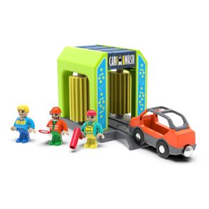 Car Wash Station Playset Toy for Wooden Train Track,Creative City Washer Scenes Pretend Play Toy Vehicles Train Accessory Preschool Learning Educational Toys for Toddlers Kids