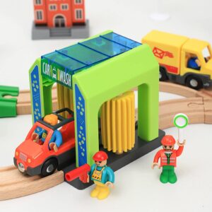 Car Wash Station Playset Toy for Wooden Train Track,Creative City Washer Scenes Pretend Play Toy Vehicles Train Accessory Preschool Learning Educational Toys for Toddlers Kids