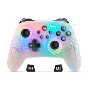 BINBOKPLAY Switch Controller, Wireless Switch Pro Controller for Switch/Switch Lite/Switch OLED, RGB Adjustable LED Wireless Remote Gamepad with Unique Crack/Motion control/Turbo/ALPS Joystick (White)