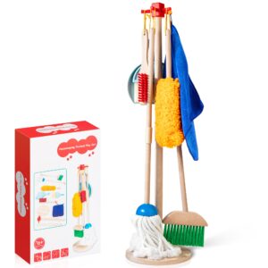 WOODMAM Wooden Kids Cleaning Set for Toddlers,8 Pieces Montessori Cleaning Toys with Kids Broom and Mop Set, Housework Pretend Play Toy Gift for Boys Girls Ages 3+