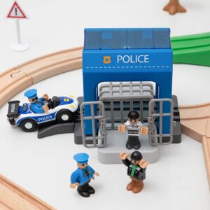 Police Station Playset Toy for Wooden Train Track,Creative City Police Scenes Pretend Play Toy Vehicles Train Accessory Preschool Learning Educational Toys for Toddlers Kids