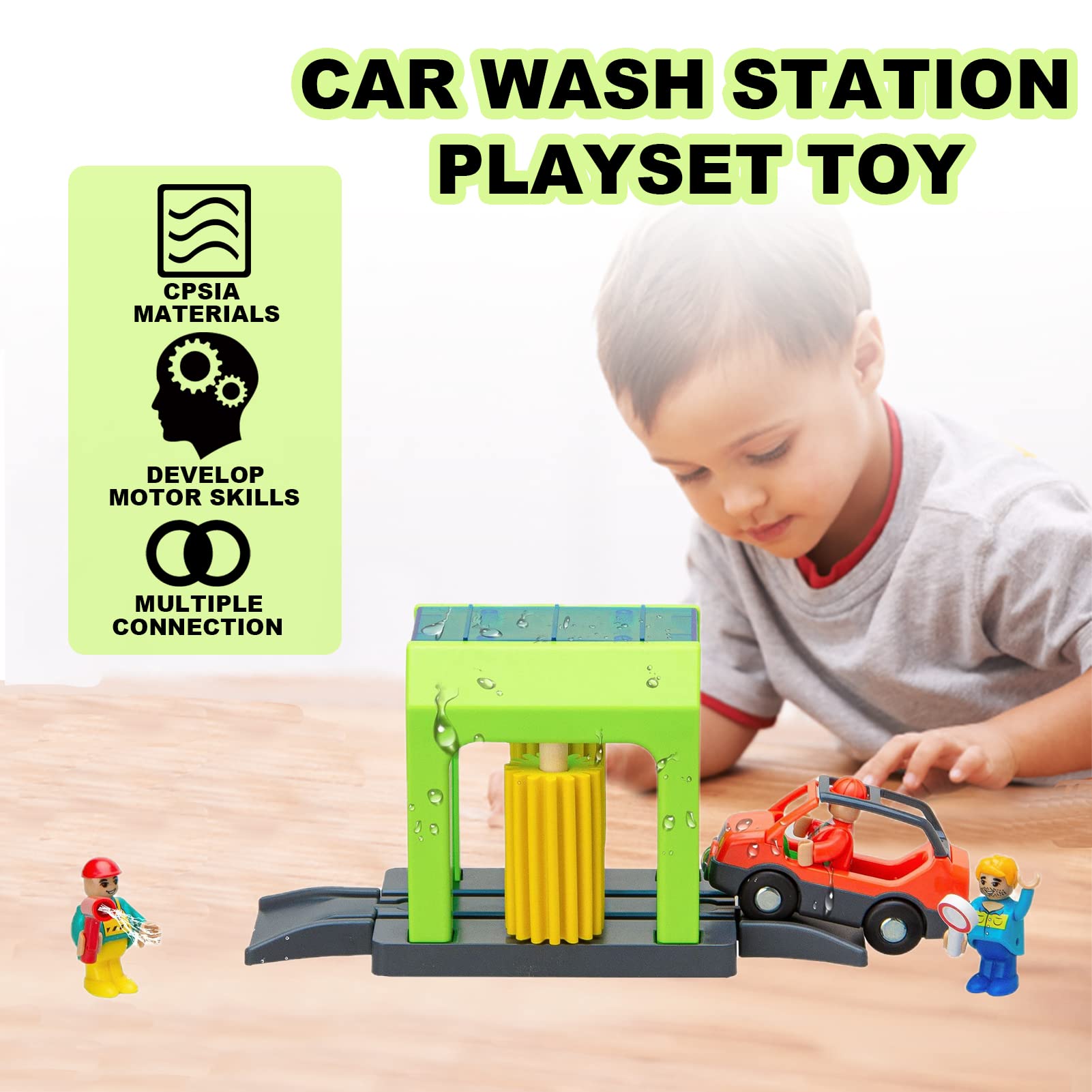 Car Wash Station Playset Toy for Wooden Train Track,Creative City Washer Scenes Pretend Play Toy Vehicles Train Accessory Preschool Learning Educational Toys for Toddlers Kids