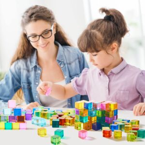 Meooeck 60 Pcs Acrylic Gem Cubes Blocks Translucent Rainbow Building Cubes Crystal Acrylic Cubes Educational Sensory Training Crystal Toys with Wooden Storage Boxes for Play