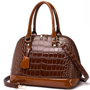 dayfine classic dome satchel bags for women crocodile pattern faux leather crossbody bags top handle handbags zipper purse-brown