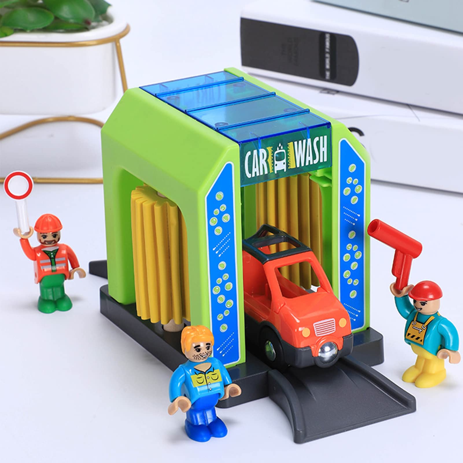 Car Wash Station Playset Toy for Wooden Train Track,Creative City Washer Scenes Pretend Play Toy Vehicles Train Accessory Preschool Learning Educational Toys for Toddlers Kids