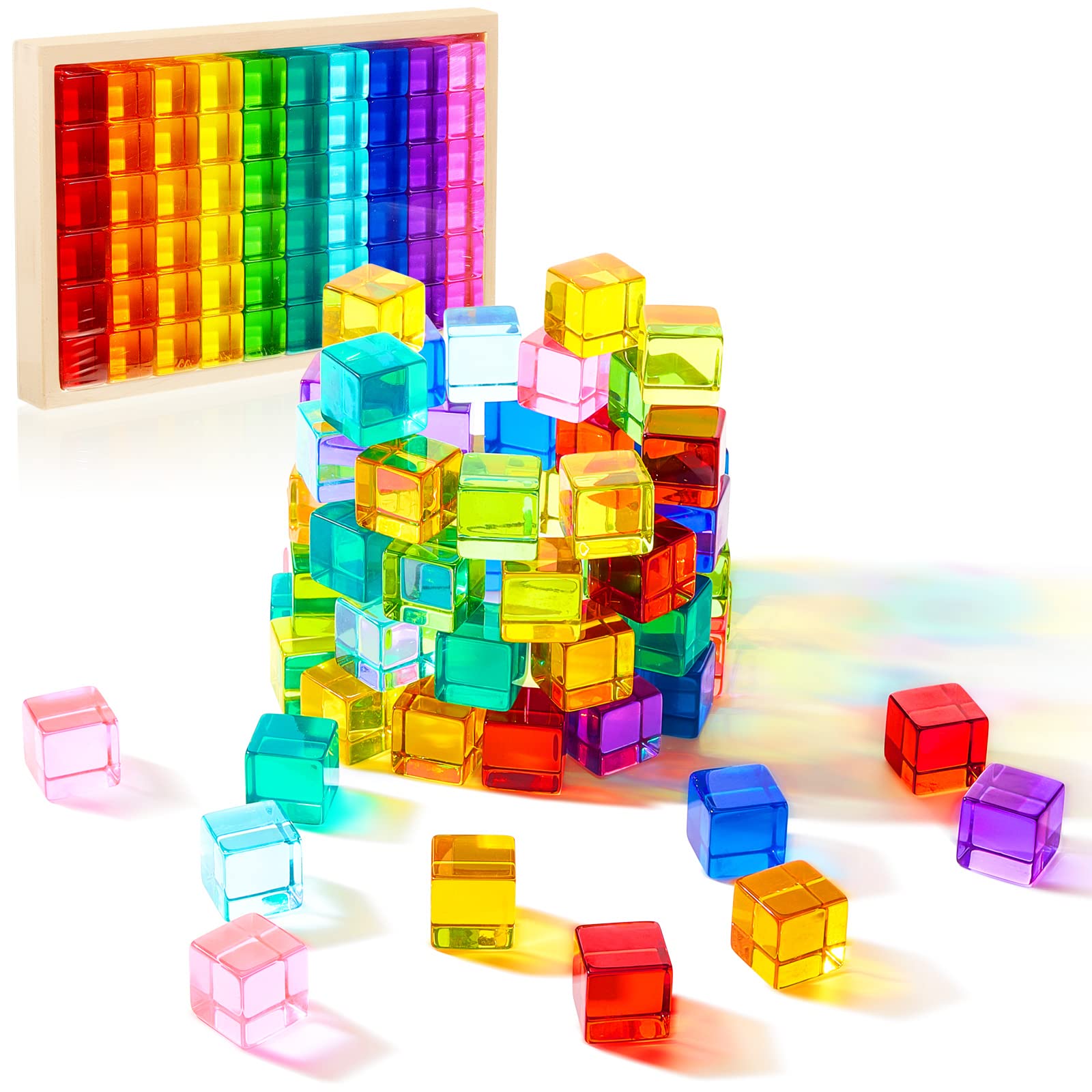 Meooeck 60 Pcs Acrylic Gem Cubes Blocks Translucent Rainbow Building Cubes Crystal Acrylic Cubes Educational Sensory Training Crystal Toys with Wooden Storage Boxes for Play