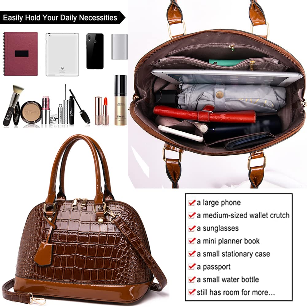 Dayfine Classic Dome Satchel Bags for Women Crocodile Pattern Faux Leather Crossbody Bags Top Handle Handbags Zipper Purse-Brown