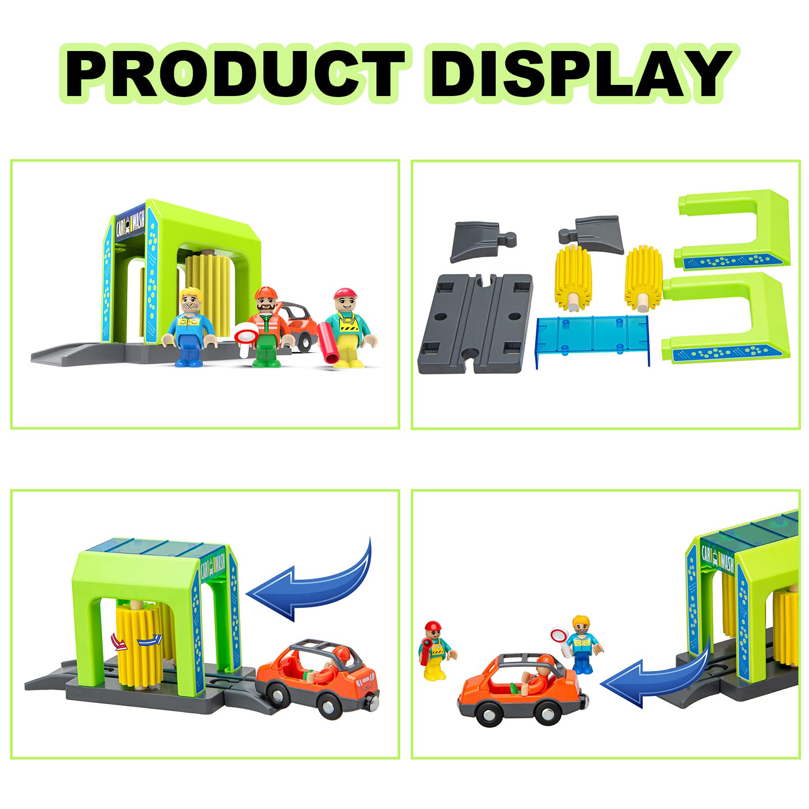 Car Wash Station Playset Toy for Wooden Train Track,Creative City Washer Scenes Pretend Play Toy Vehicles Train Accessory Preschool Learning Educational Toys for Toddlers Kids