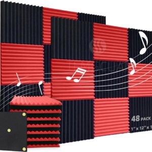 TEMGCUAM 48 Pack Acoustic Foam Panels |1 "x12 "x12" Rapid Recovery Acoustic Wall Panels |High Density Sound Reducing Panels for Home Studio |With Adhesive Stickers 240PCS (24 Black+24 Red)