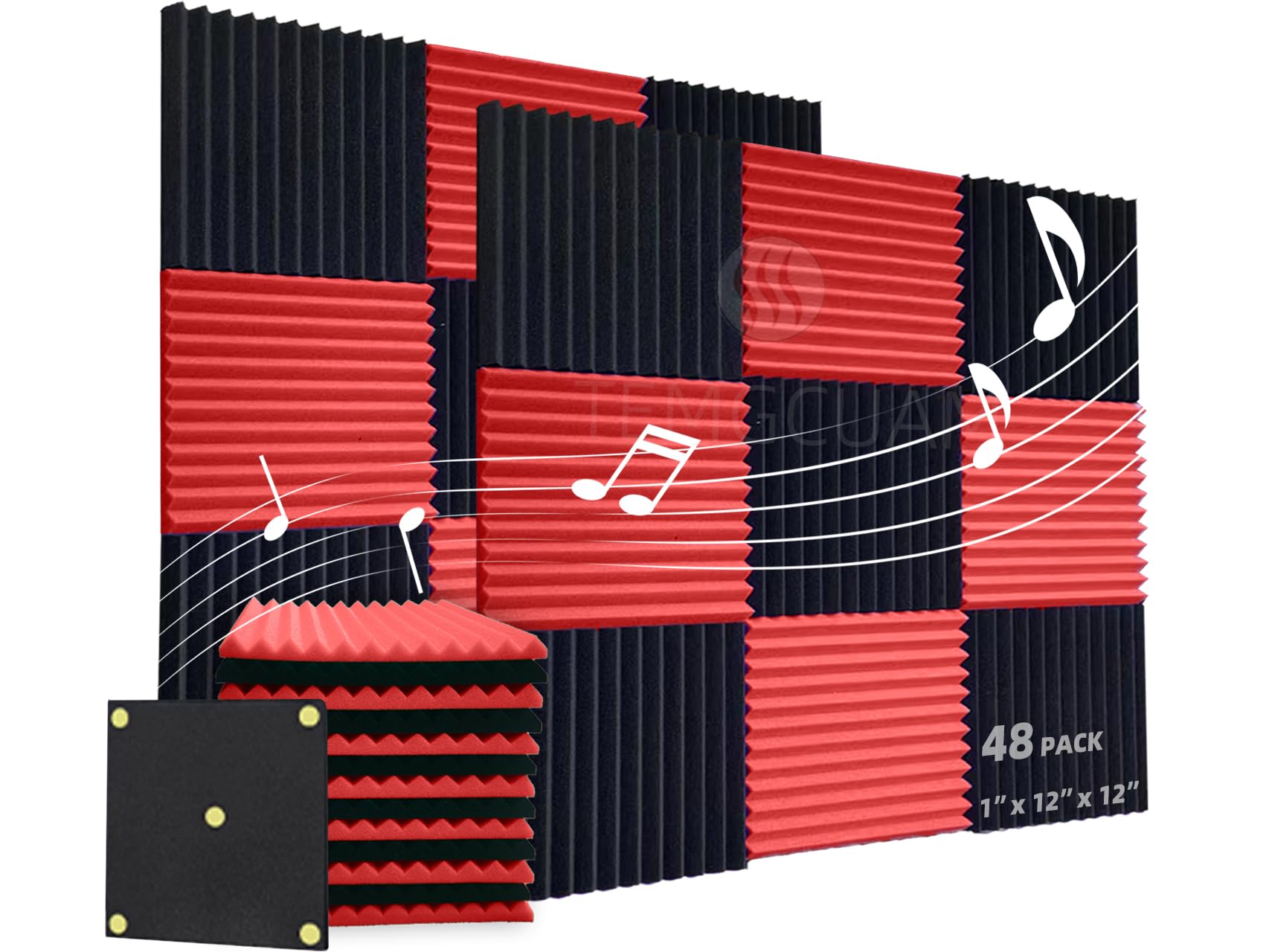 TEMGCUAM 48 Pack Acoustic Foam Panels |1 "x12 "x12" Rapid Recovery Acoustic Wall Panels |High Density Sound Reducing Panels for Home Studio |With Adhesive Stickers 240PCS (24 Black+24 Red)