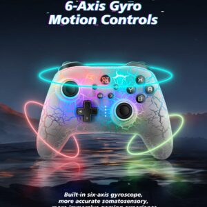 BINBOKPLAY Switch Controller, Wireless Switch Pro Controller for Switch/Switch Lite/Switch OLED, RGB Adjustable LED Wireless Remote Gamepad with Unique Crack/Motion control/Turbo/ALPS Joystick (White)