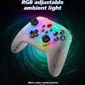 BINBOKPLAY Switch Controller, Wireless Switch Pro Controller for Switch/Switch Lite/Switch OLED, RGB Adjustable LED Wireless Remote Gamepad with Unique Crack/Motion control/Turbo/ALPS Joystick (White)