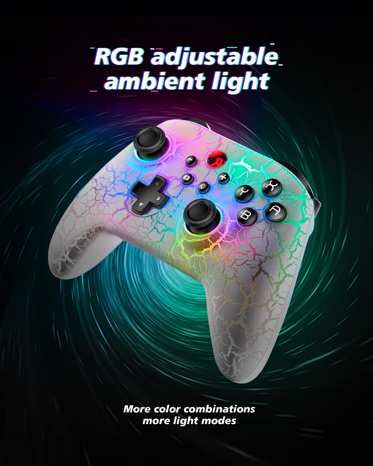 BINBOKPLAY Switch Controller, Wireless Switch Pro Controller for Switch/Switch Lite/Switch OLED, RGB Adjustable LED Wireless Remote Gamepad with Unique Crack/Motion control/Turbo/ALPS Joystick (White)