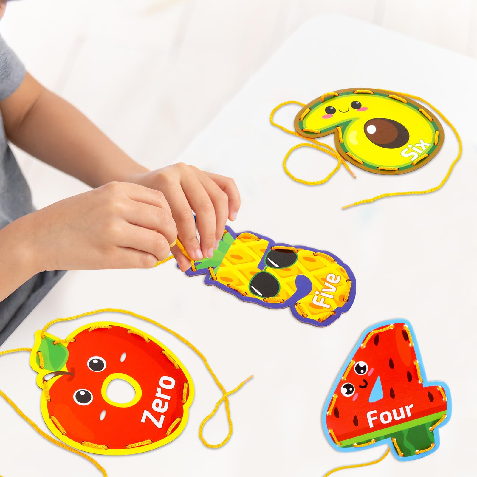 10 Pieces Kids Recognition Lacing Cards Thick Cardboard Educational Sewing Cards Double Sided Lacing Playing Games for Children Toddler Preschool Developing Imagination Supplies (Fruit)