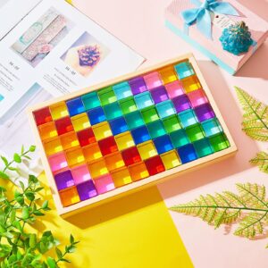 Meooeck 60 Pcs Acrylic Gem Cubes Blocks Translucent Rainbow Building Cubes Crystal Acrylic Cubes Educational Sensory Training Crystal Toys with Wooden Storage Boxes for Play