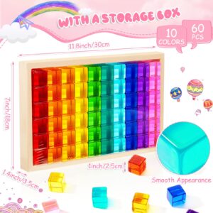 Meooeck 60 Pcs Acrylic Gem Cubes Blocks Translucent Rainbow Building Cubes Crystal Acrylic Cubes Educational Sensory Training Crystal Toys with Wooden Storage Boxes for Play