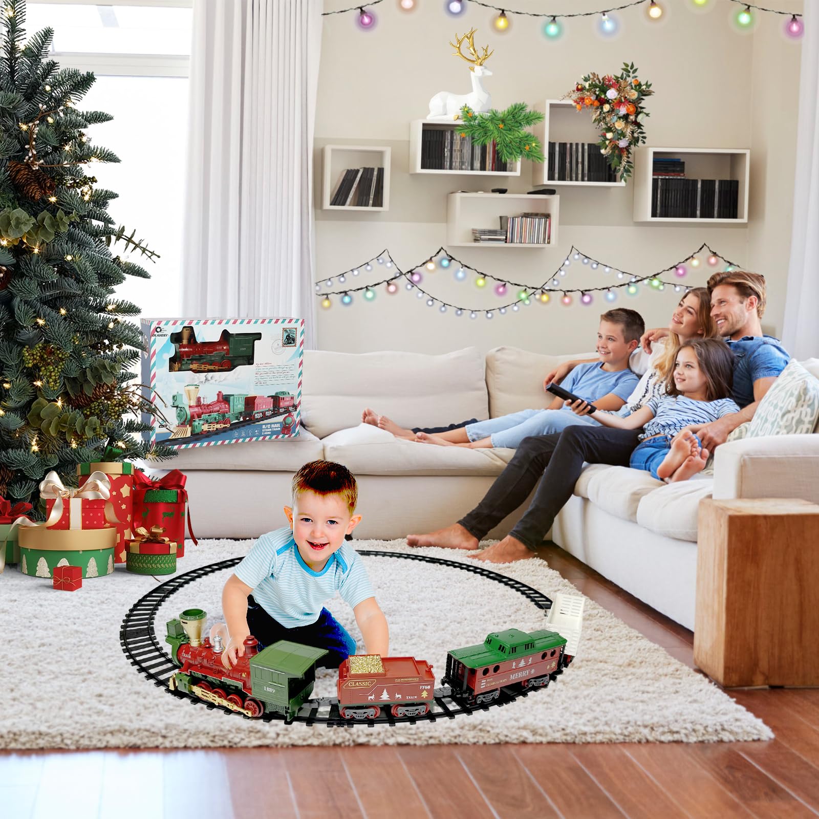 OLIUGEI Electric Train Set Steam Train Toys for Boys with Remote Control Christmas Train for Under The Trees with Smokes,Light & Sounds, for 3 4 5 6 7+ Years Old Kids