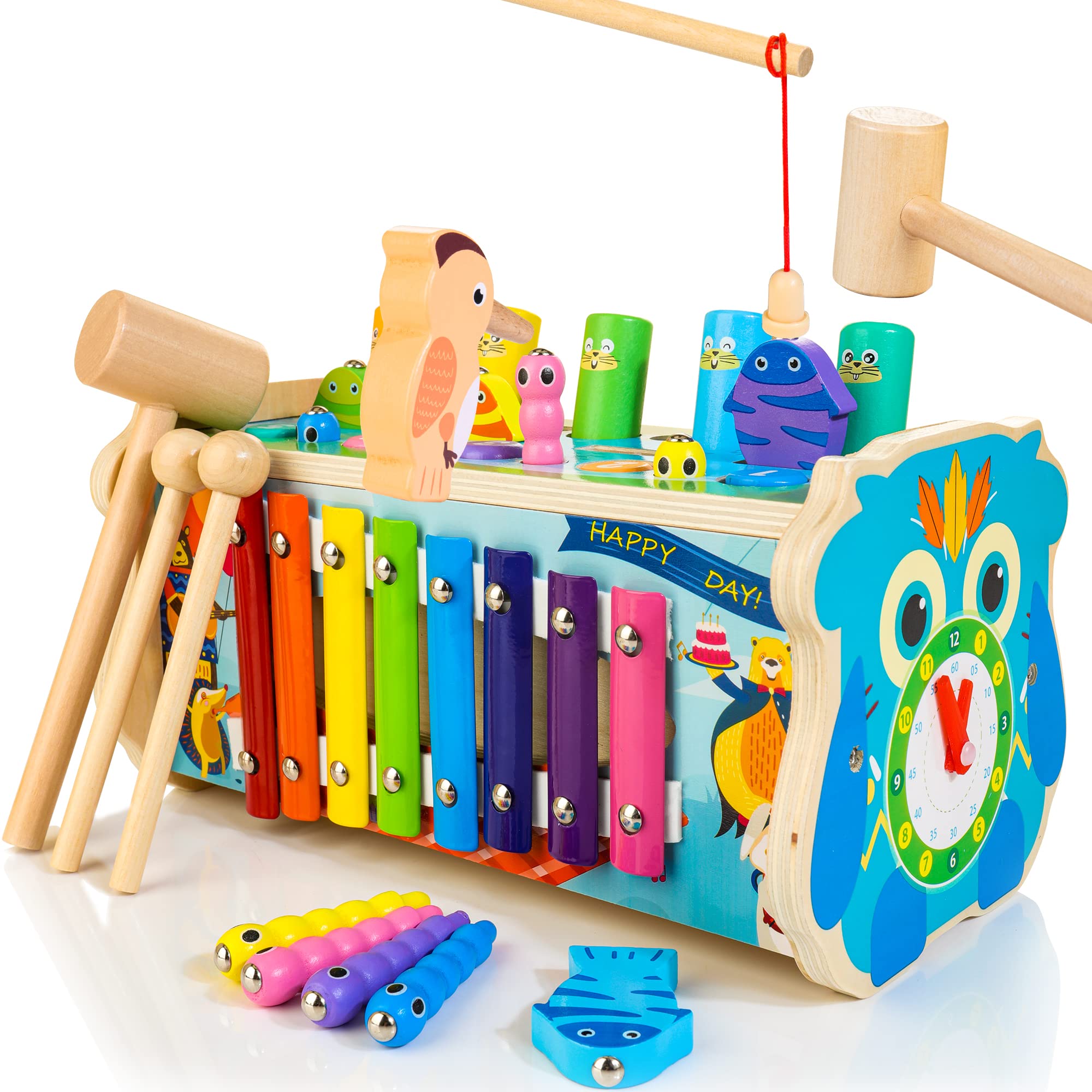 WOODMAM Montessori Toys for 1 Year Old, 7-in-1 Wooden Hammering Pounding Toy with Xylophone and Magnetic Fishing Game, Educational Gift for Boys and Girls 1 Year Old