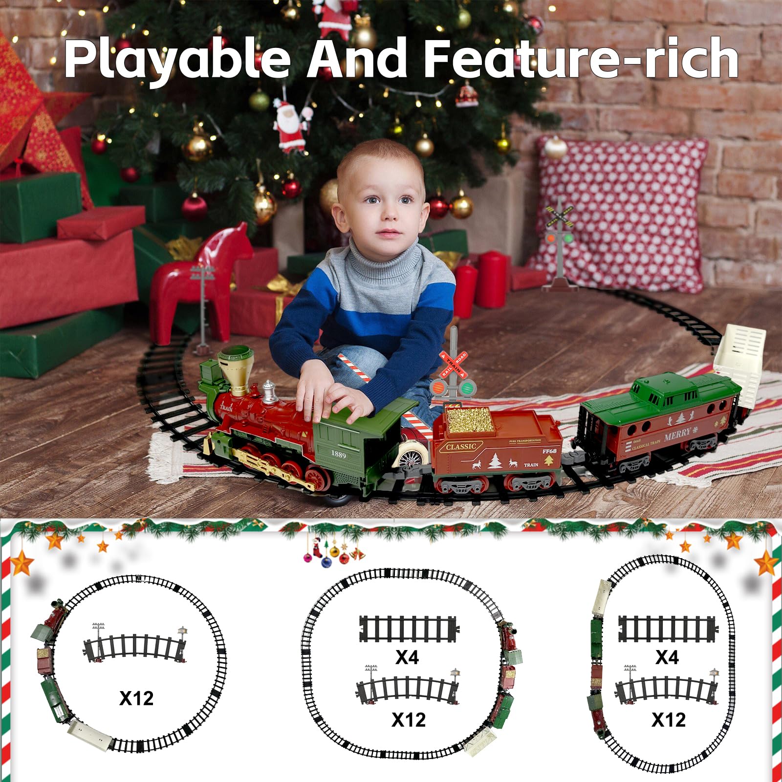 OLIUGEI Electric Train Set Steam Train Toys for Boys with Remote Control Christmas Train for Under The Trees with Smokes,Light & Sounds, for 3 4 5 6 7+ Years Old Kids