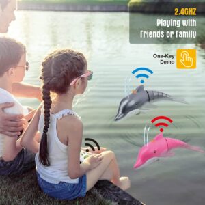 LAFALA Pink Remote Control Dolphin Toy 2.4G High Simulation Cartoon Dolphin Remote Control for Swimming Pool Bathroom Great Gift RC Boat Shark Toys for 6+ Year Old Boys and Girls (with 2 Batteries)