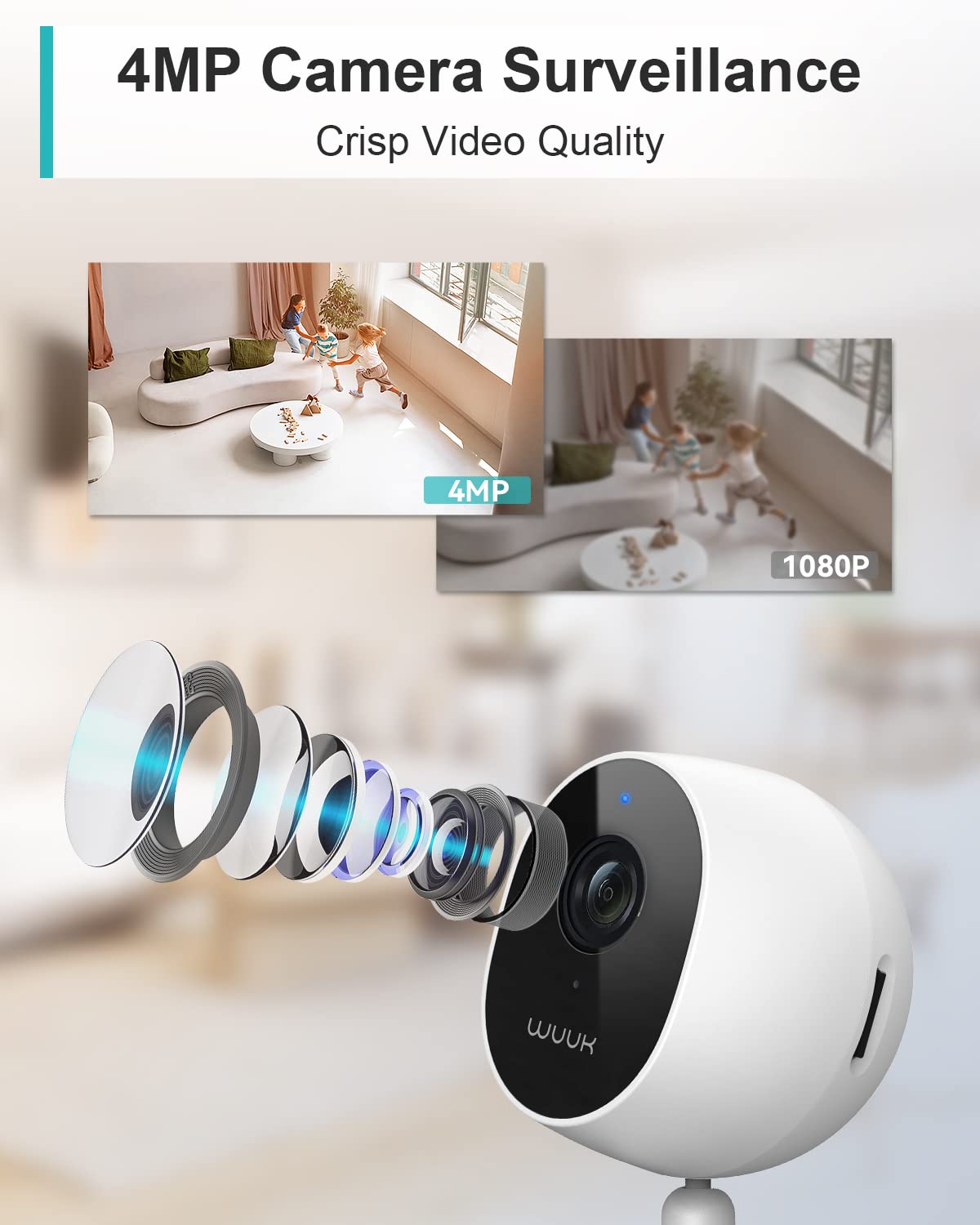 WUUK 4MP Indoor Security Camera, WiFi Camera Indoor Baby Monitor, Pet Camera w/Motion & Human Detection, Night Vision, 24/7 Live View 2-Way Audio, Magnetic Stand, Works w/Alexa & Google Home