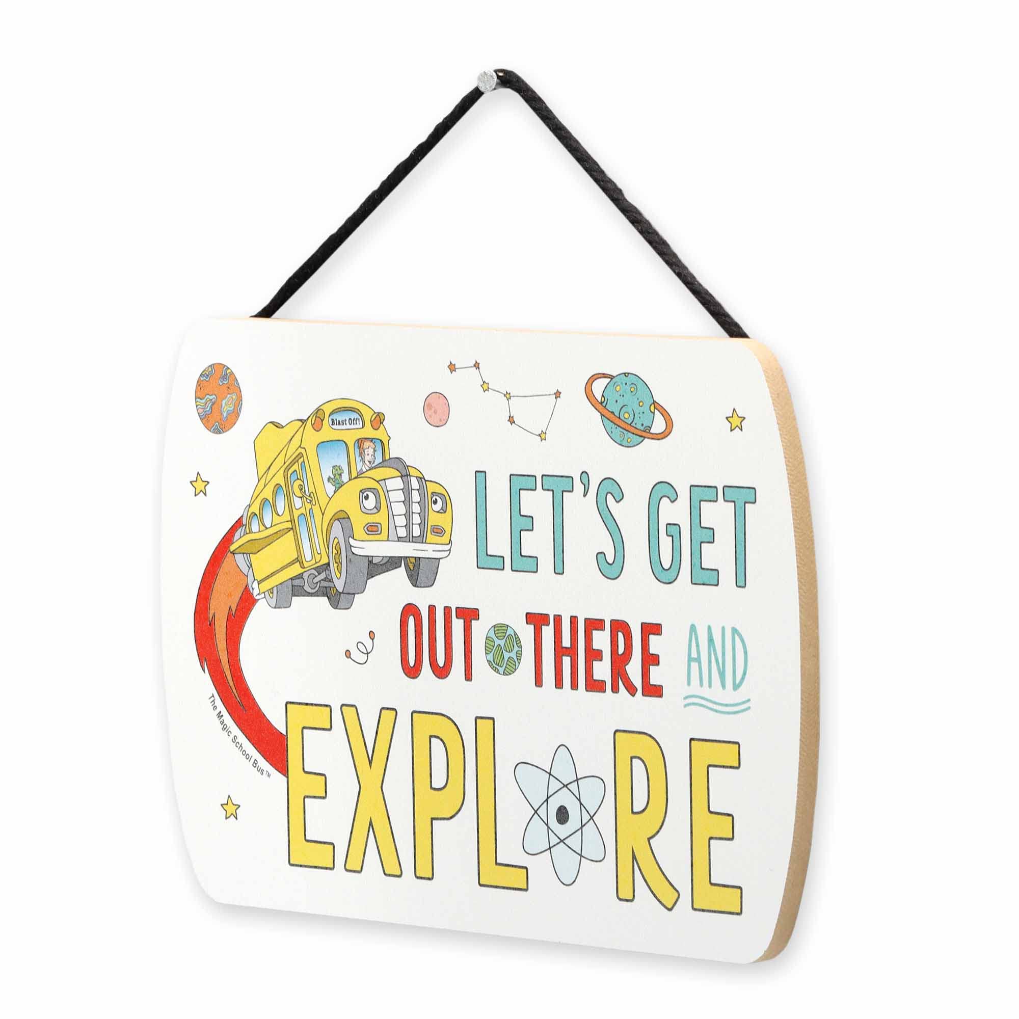 Open Road Brands Scholastic The Magic School Bus Let's Explore Hanging Wood Wall Decor - Fun Magic School Bus Sign for Kids' Bedroom or Classroom