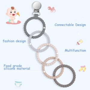 Ainiv Silicone Baby Teether Links, Cutie Baby Teething Toys with Pacifier Clip, Multi Use Baby Teether Rings, Food Grade Silicone Attachable Teether Chew for Newborn Infant Baby Gift, Color-3