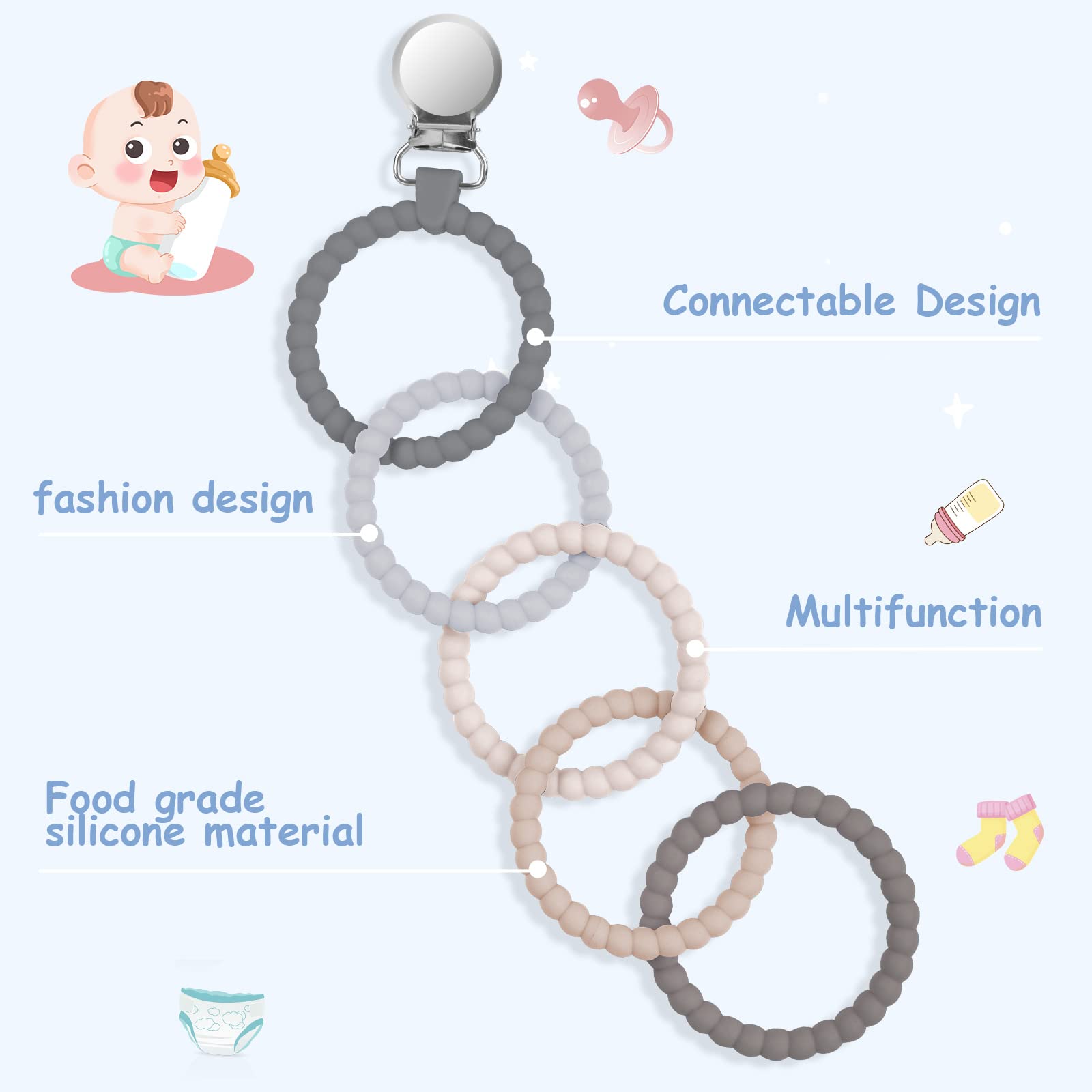 Ainiv Silicone Baby Teether Links, Cutie Baby Teething Toys with Pacifier Clip, Multi Use Baby Teether Rings, Food Grade Silicone Attachable Teether Chew for Newborn Infant Baby Gift, Color-3