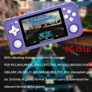 Diketigeey RG351P Handheld Game Console 3.5 Inch IPS Screen Open Source with 16+64G TF 2500 Games 64Bit PS1 PCE 8 Hours Battery Life Open Source System Game Player (Purple)