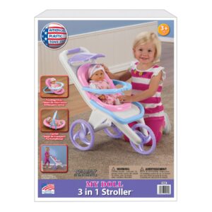 American Plastic Toys 3-in-1 Pink Baby Doll Stroller, Carrier, Feeding Chair, Convertible, Removable Seat, Learn to Care & Nurture, BPA-Free, Ages 3+ (20443)